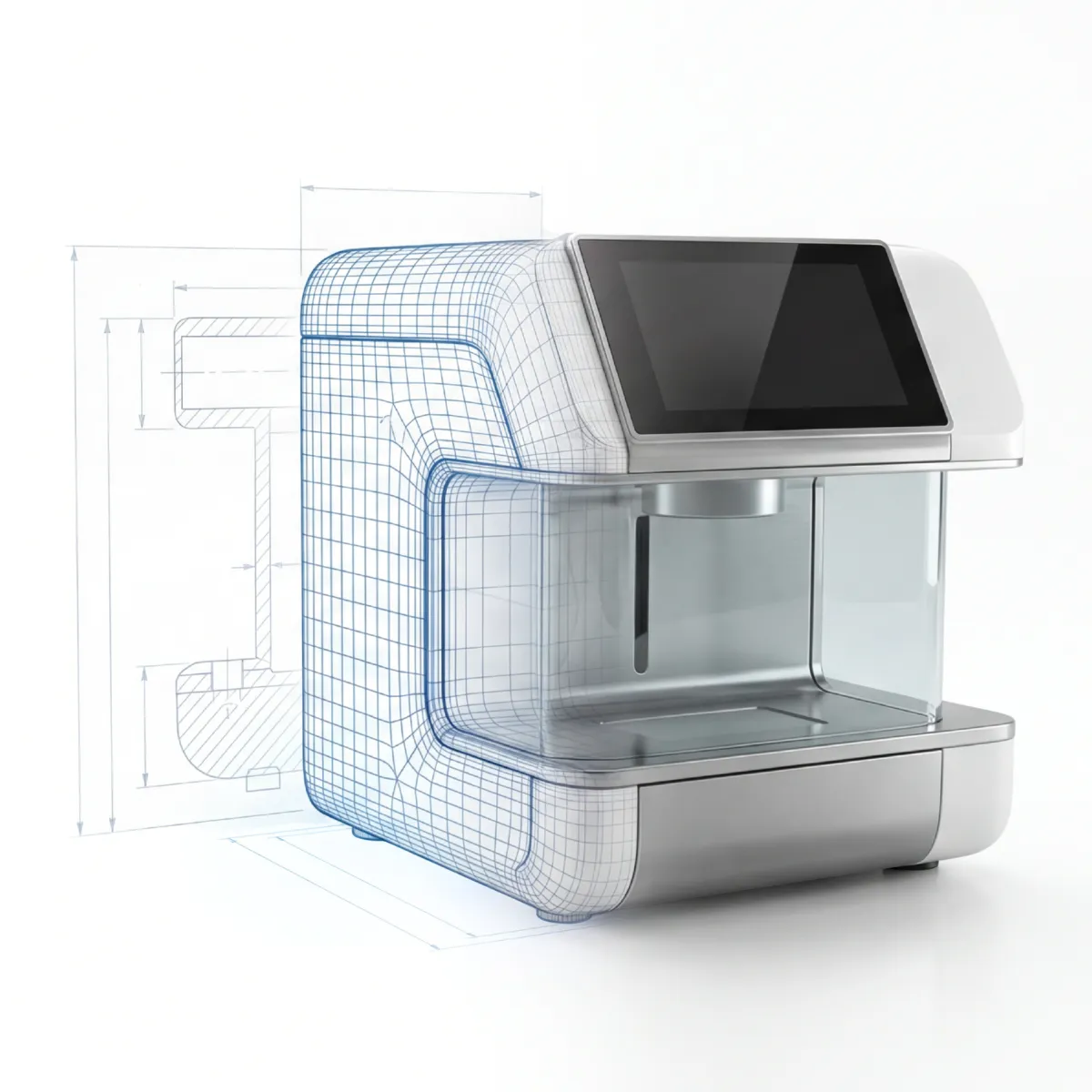 CAD wireframe transitioning to a photoreal product render